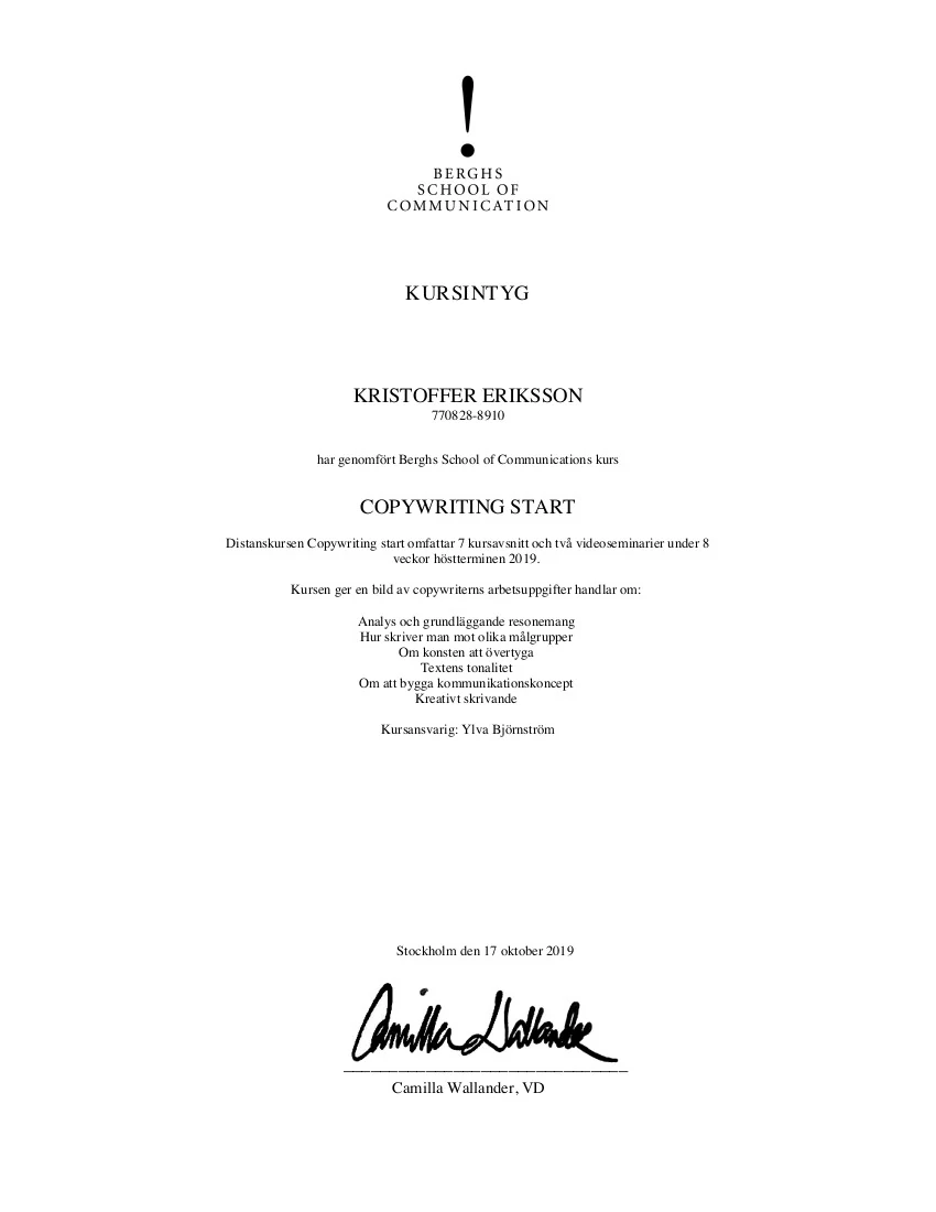 Kursintyg från Berghs - Copywriting Start